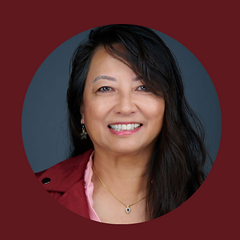 Asian woman with black hair, from the chest up wearing a maroon jacket and pink shirt. Photo has a circular grey background set in a maroon square frame.